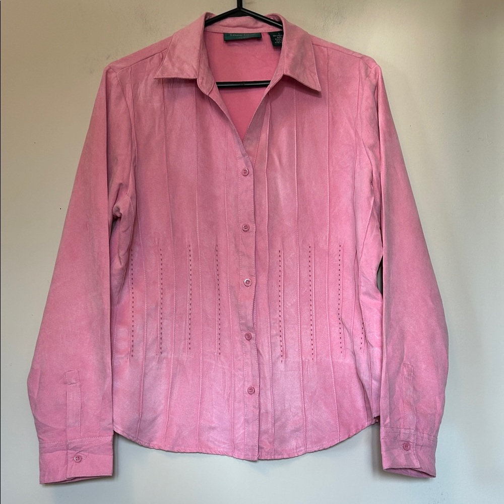 Lemon Grass Studio button front polyester blouse brushed feel pleated trim sz L